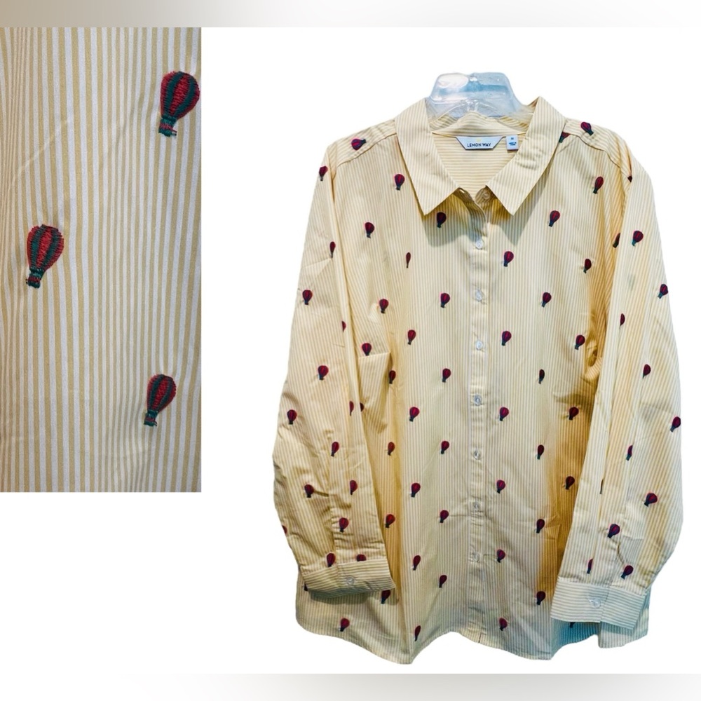 Lemon Way Button Front Shirt Yellow White Striped Embroidered Hot Air Balloons